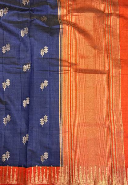 Semi Tussar Saree-Blue in Traditional Striped Zari with Contrast Border
