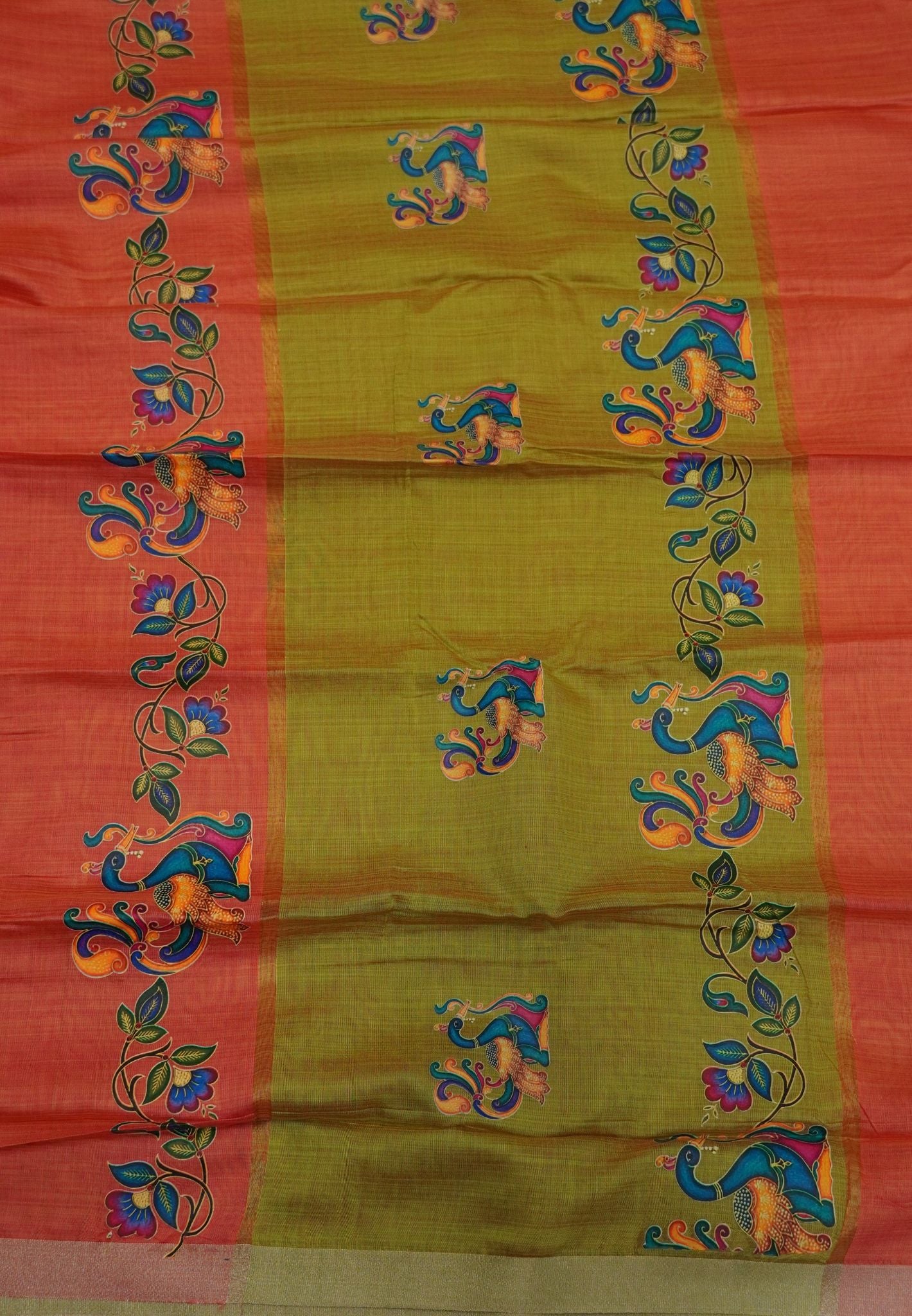 Cora Linen Saree-Dark Peach with Thanjur Print