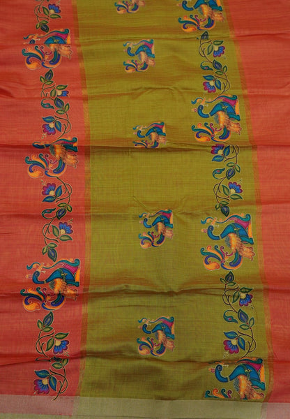 Cora Linen Saree-Dark Peach with Thanjur Print