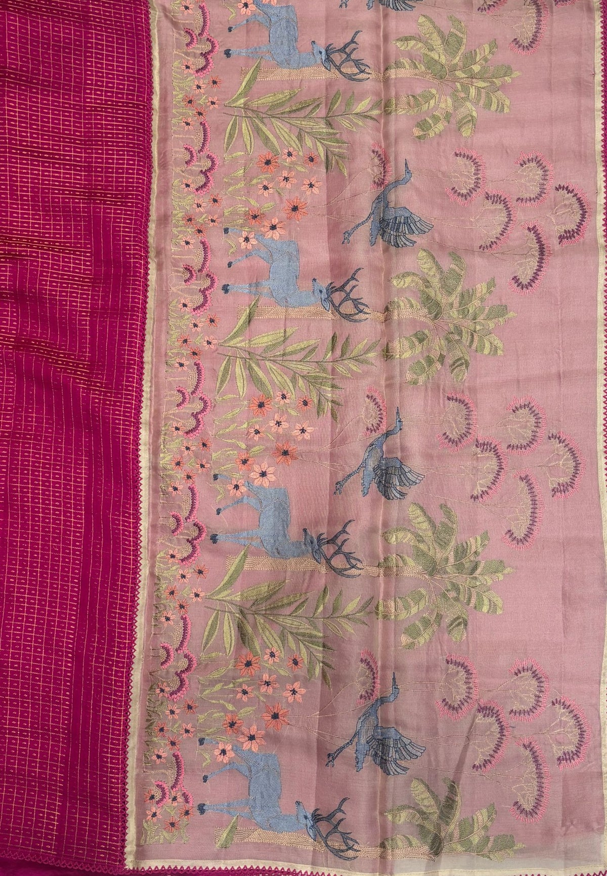 Soft Chiniya Silk Saree-Rani Pink in Thousand Butta Deer & Floral Border