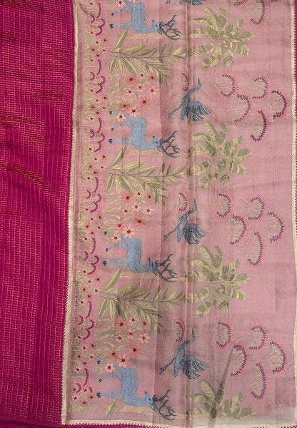 Soft Chiniya Silk Saree-Rani Pink in Thousand Butta Deer & Floral Border