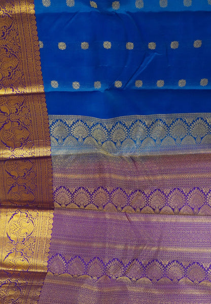 Pure Kanchipuram Silk Saree-Blue with Contrast Purple in Self Emboss