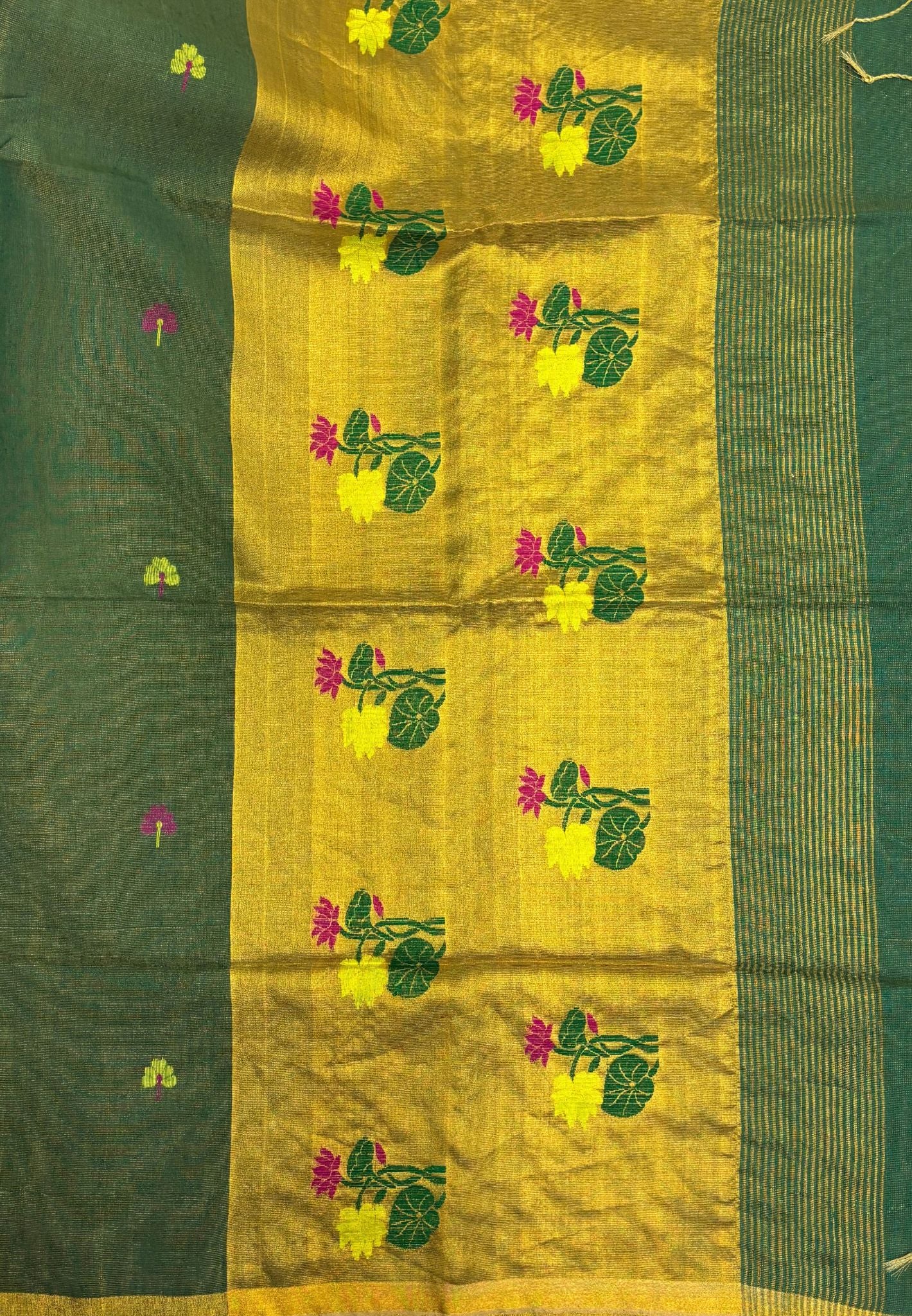 Tissue Silk Saree-Green In Lotus Motif Border