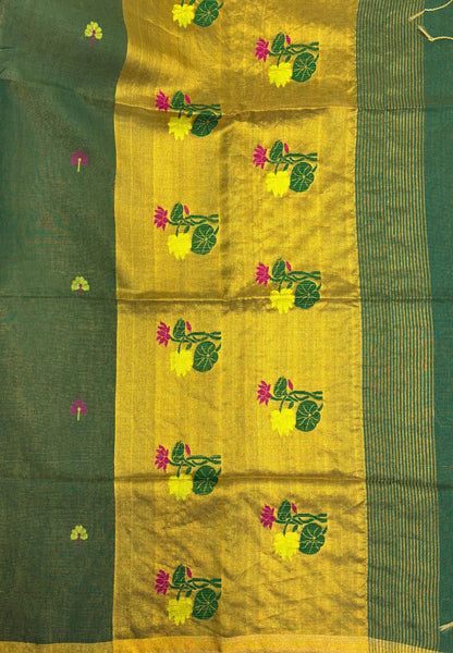 Tissue Silk Saree-Green In Lotus Motif Border