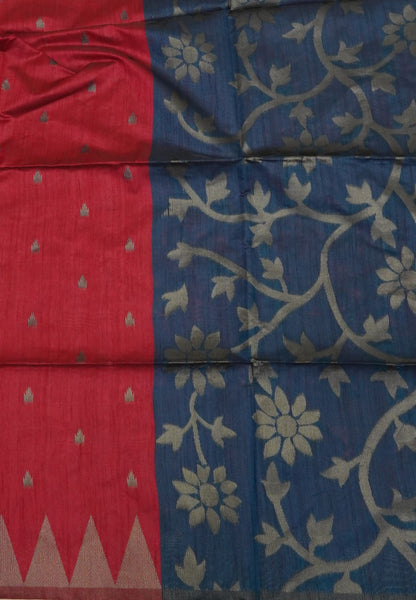 Semi Raw Silk Saree-Pink in Antique Silver Zari Butta with Tower Border