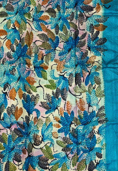 Pure Tussar Saree-Green-Blue In Stripe French Knot Border