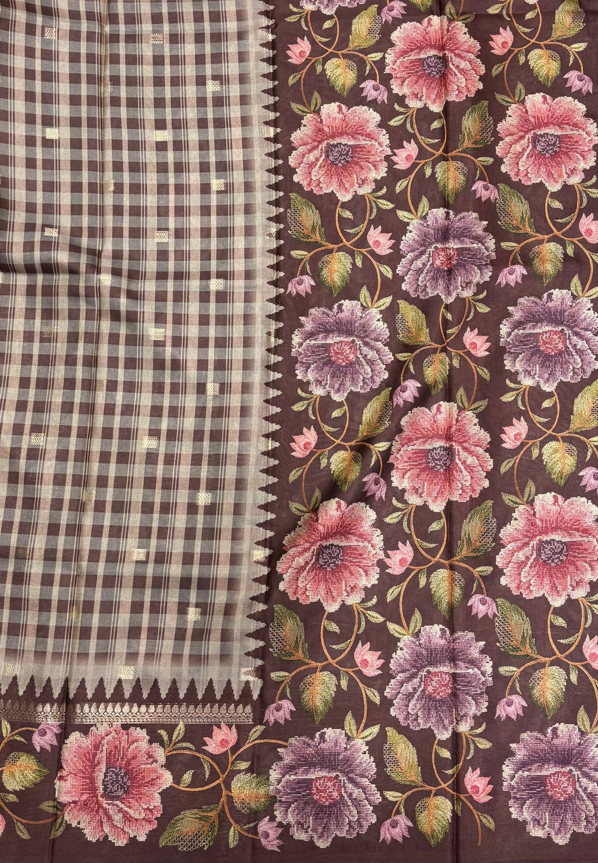 Soft Tussar Saree-Brown in Floral Garden Border