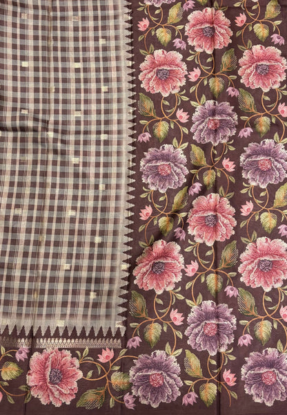 Soft Tussar Saree-Brown in Floral Garden Border