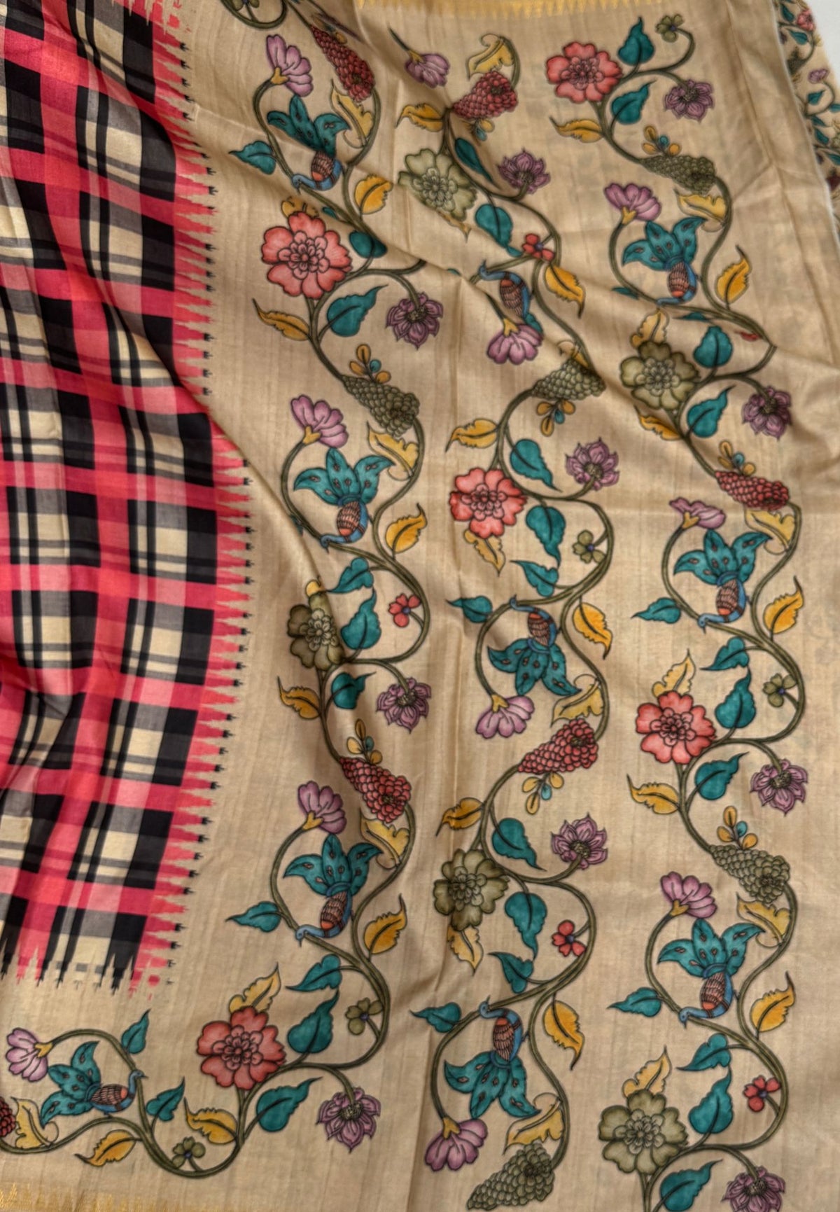 Semi Tussar Saree - Black Madras Checks With Floral Designs