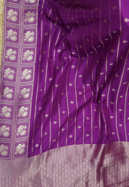 Satin Tussar Saree-Purple with Checked Peacock Border