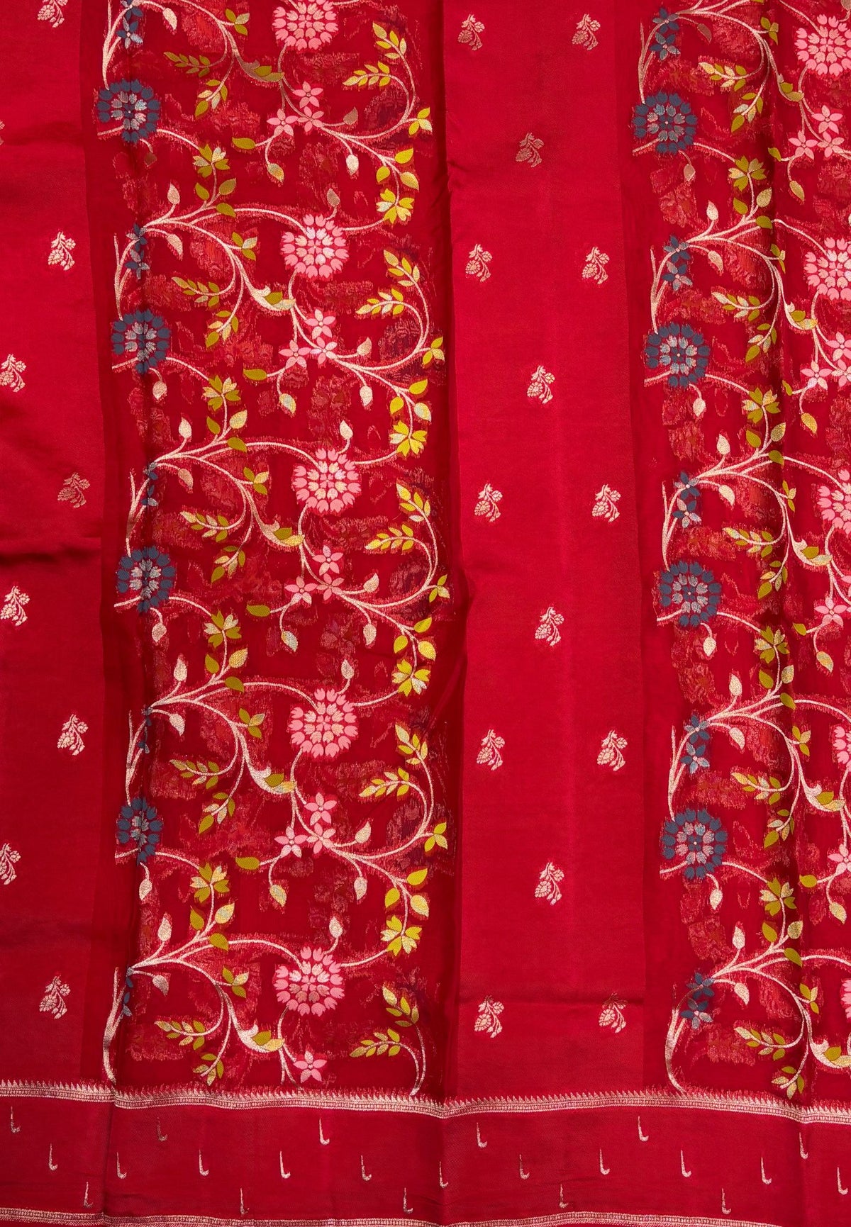 Satin Organza Saree-Red In Paithani Floral Zari Border