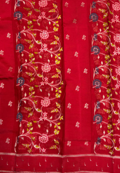 Satin Organza Saree-Red In Paithani Floral Zari Border
