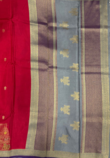 Art Mysore Silk Saree-Chilli Red with Rajagopuram zari border