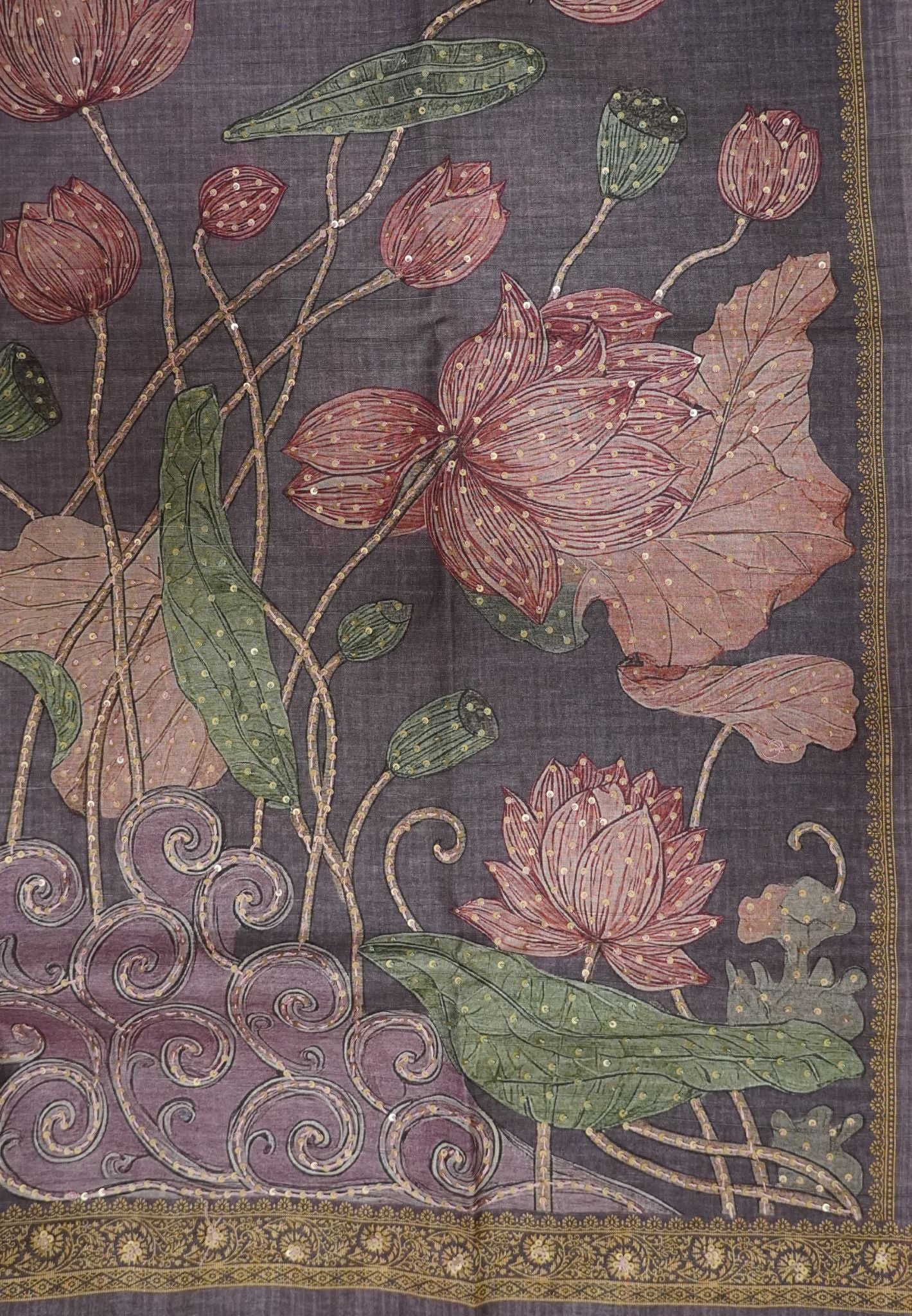 Tussar Saree-Purple with French Knot & Sequence Work