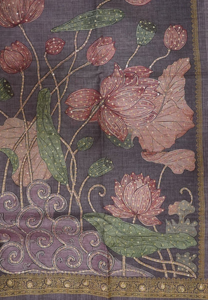 Tussar Saree-Purple with French Knot & Sequence Work
