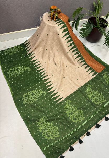 Soft Tussar Saree-Beige-Green In Zigzag Temple Inspired Border