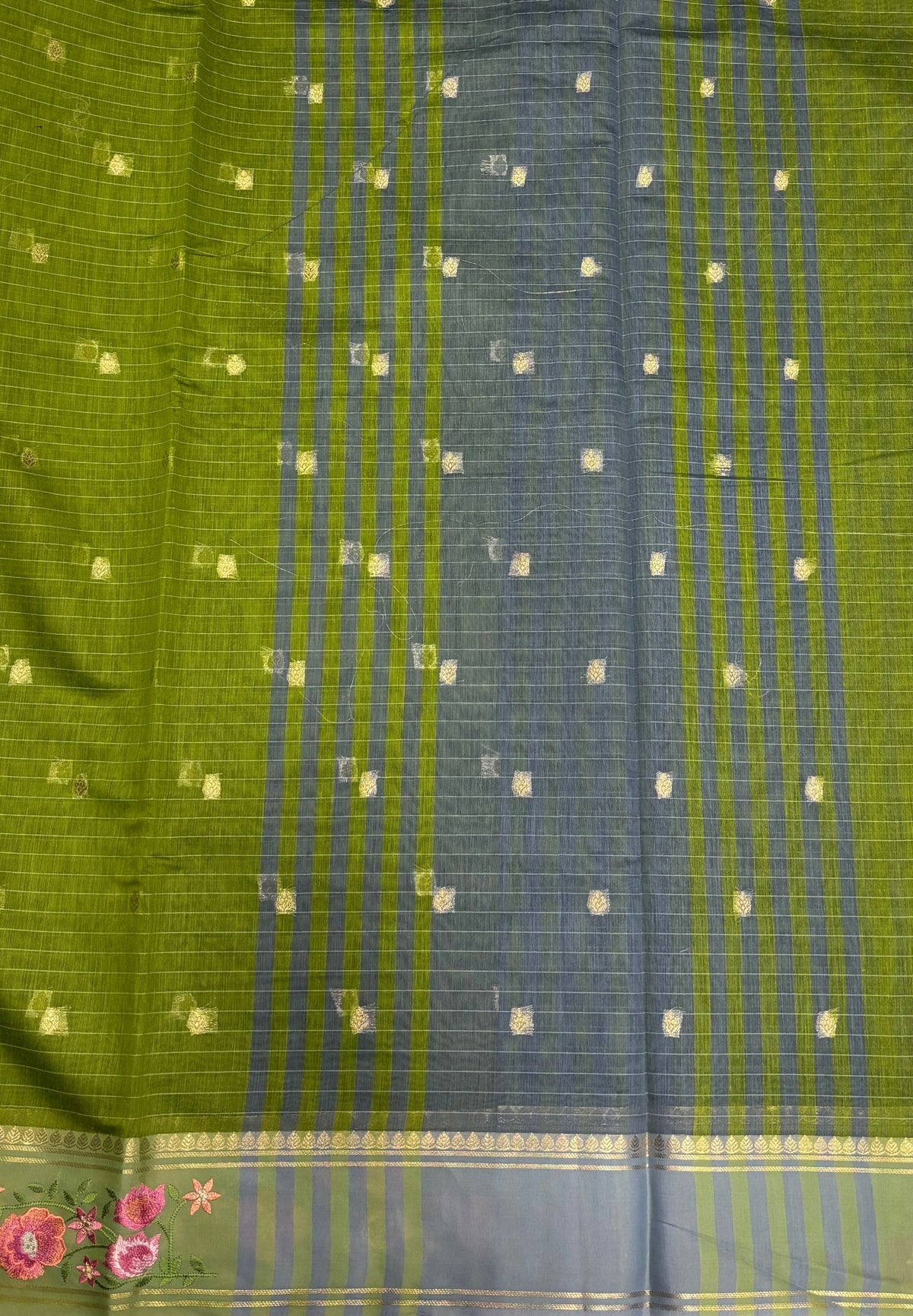 Handloom Cotton Saree-Olive Green in Floral Vine Border with Zari Stripes