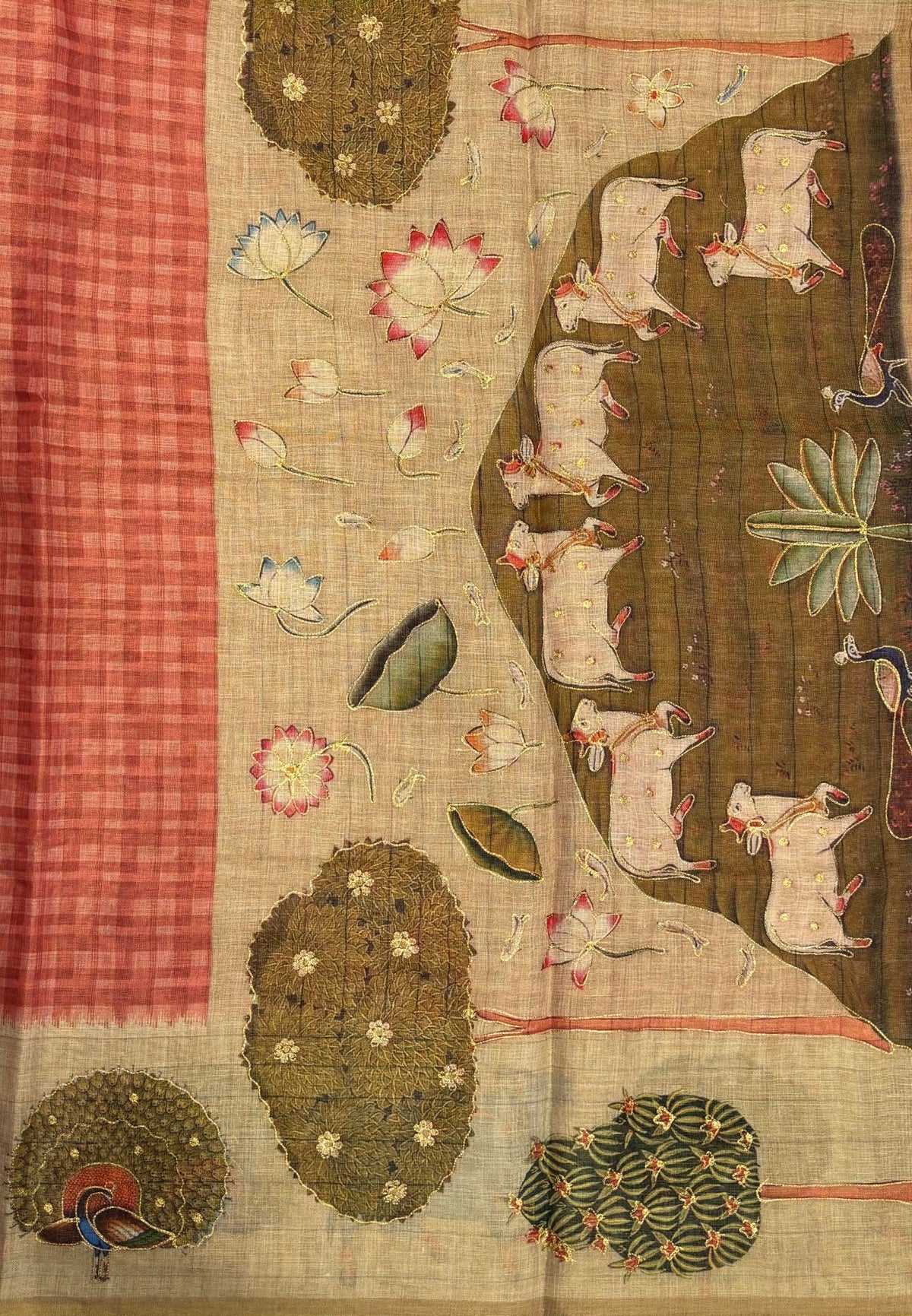 Tissue Linen Saree-Orange in Pichwai Cow & Peacock Motif Border