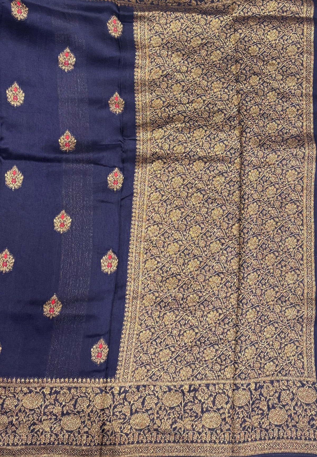Banarasi Tussar Saree-Navy Blue in Floral Brocade Zari Border