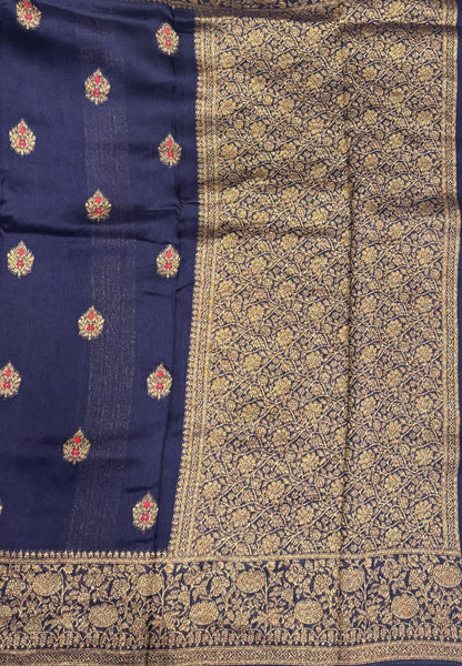 Banarasi Tussar Saree-Navy Blue in Floral Brocade Zari Border