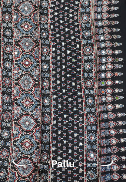 Pure Modal Silk Saree-Original Mirror Work &Traditional Printed Motifs - Black with red