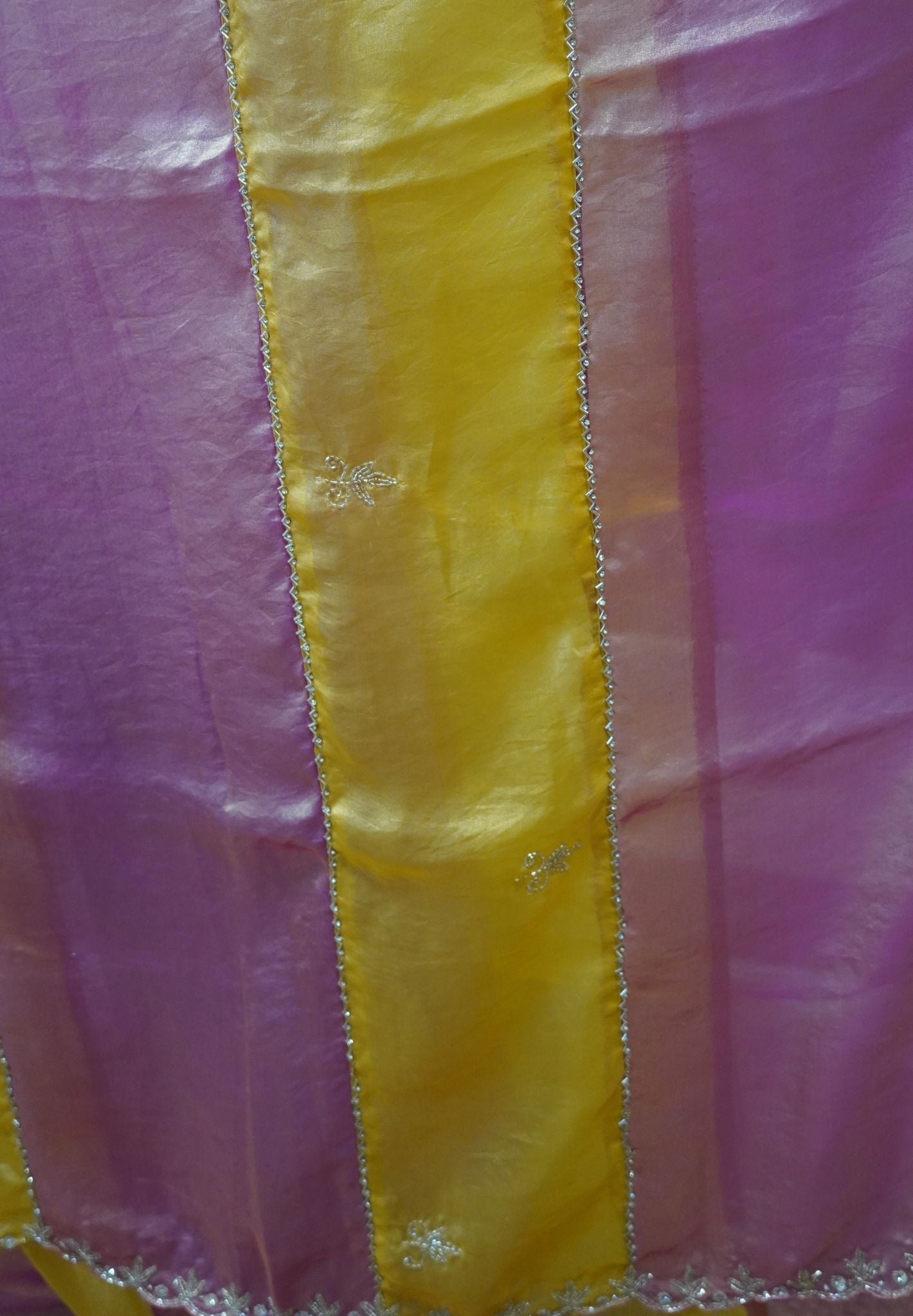 Designer Saree-Yellow&Pastel pink Duo Tone Encrusted with Scalloped Stone Work