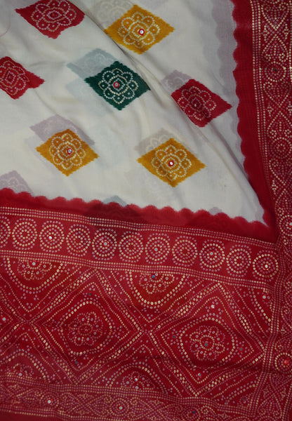 Chiffon Saree – Bandhani Inspired Print with Elegant Border - White & Red