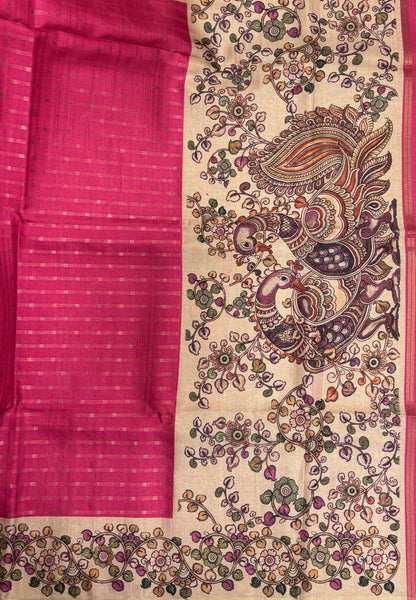 Semi Tussar Saree-Pink in Kalamkari Peacock Floral Border