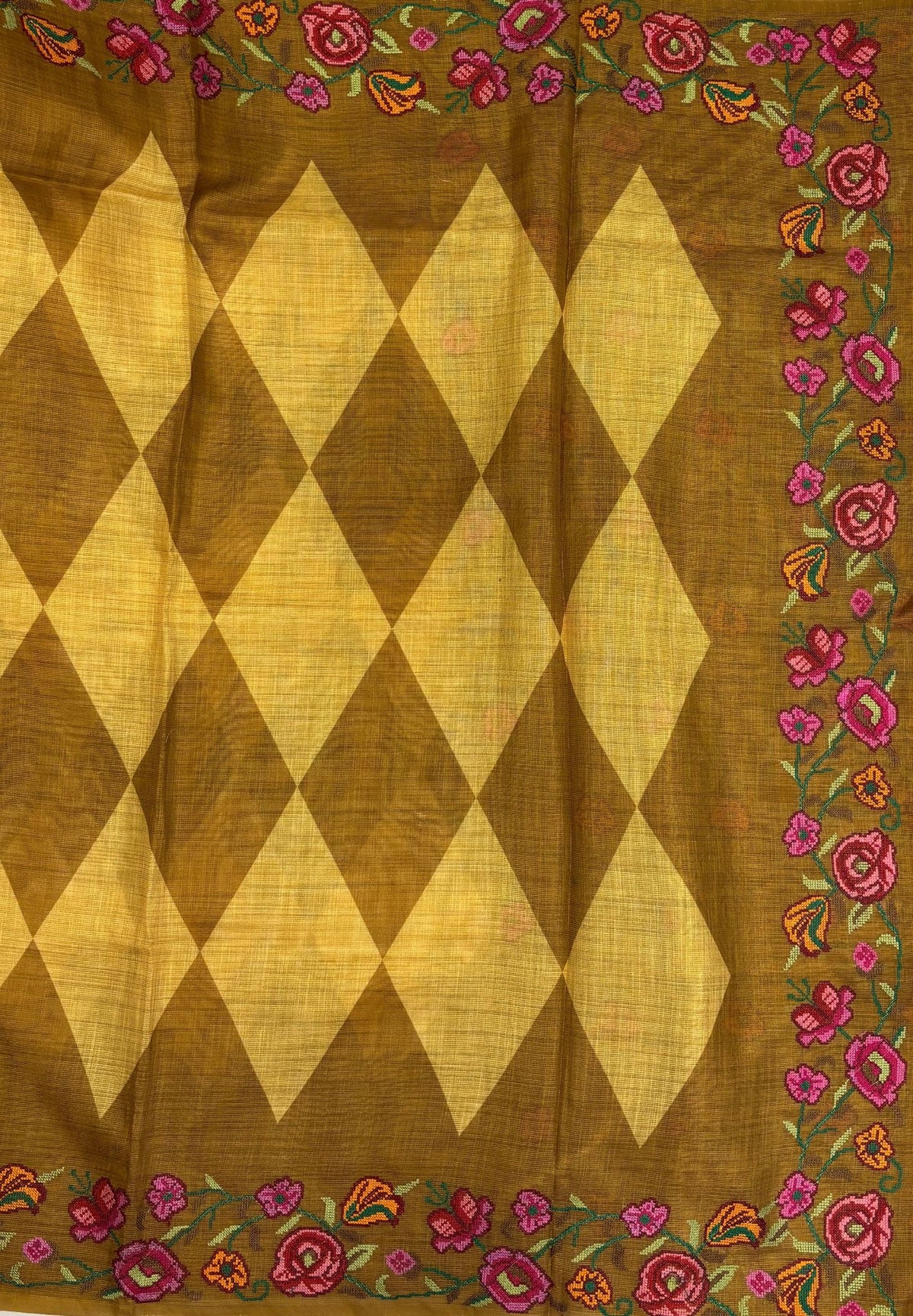 Tissue Linen Saree-Mutard In Cross Stitch Floral Border