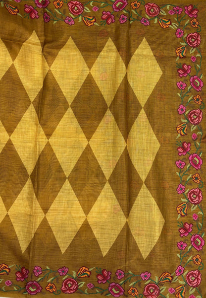 Tissue Linen Saree-Mutard In Cross Stitch Floral Border