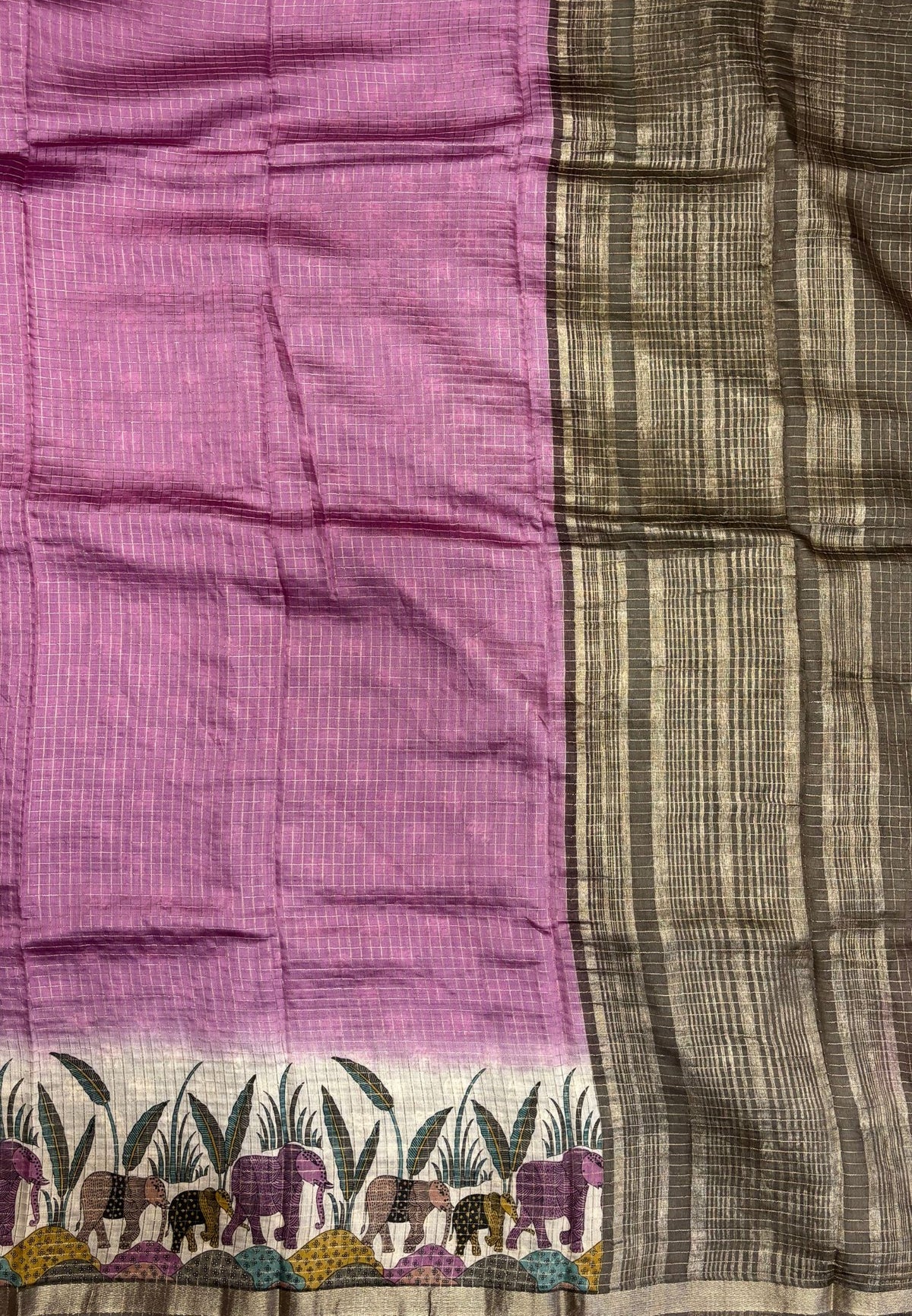 Chanderi Saree-Purple in Elephant Checks Border