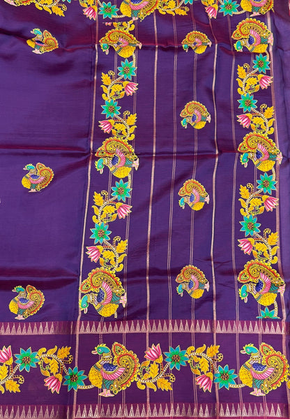 Pure Mangalgiri Silk Saree-Purple Peacock with Tanjore Print