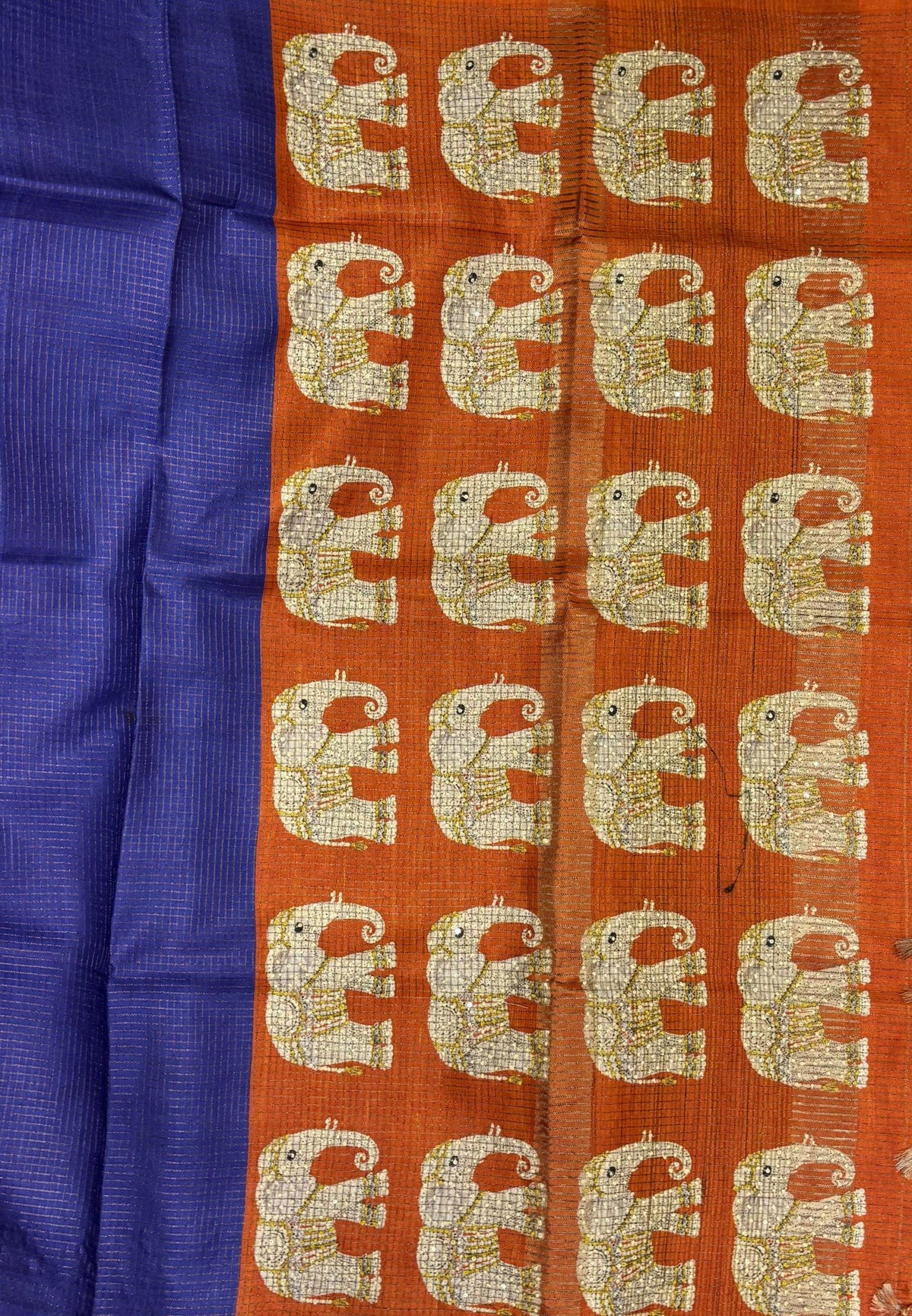 Tussar Saree-Blue In Elephant Motif Border