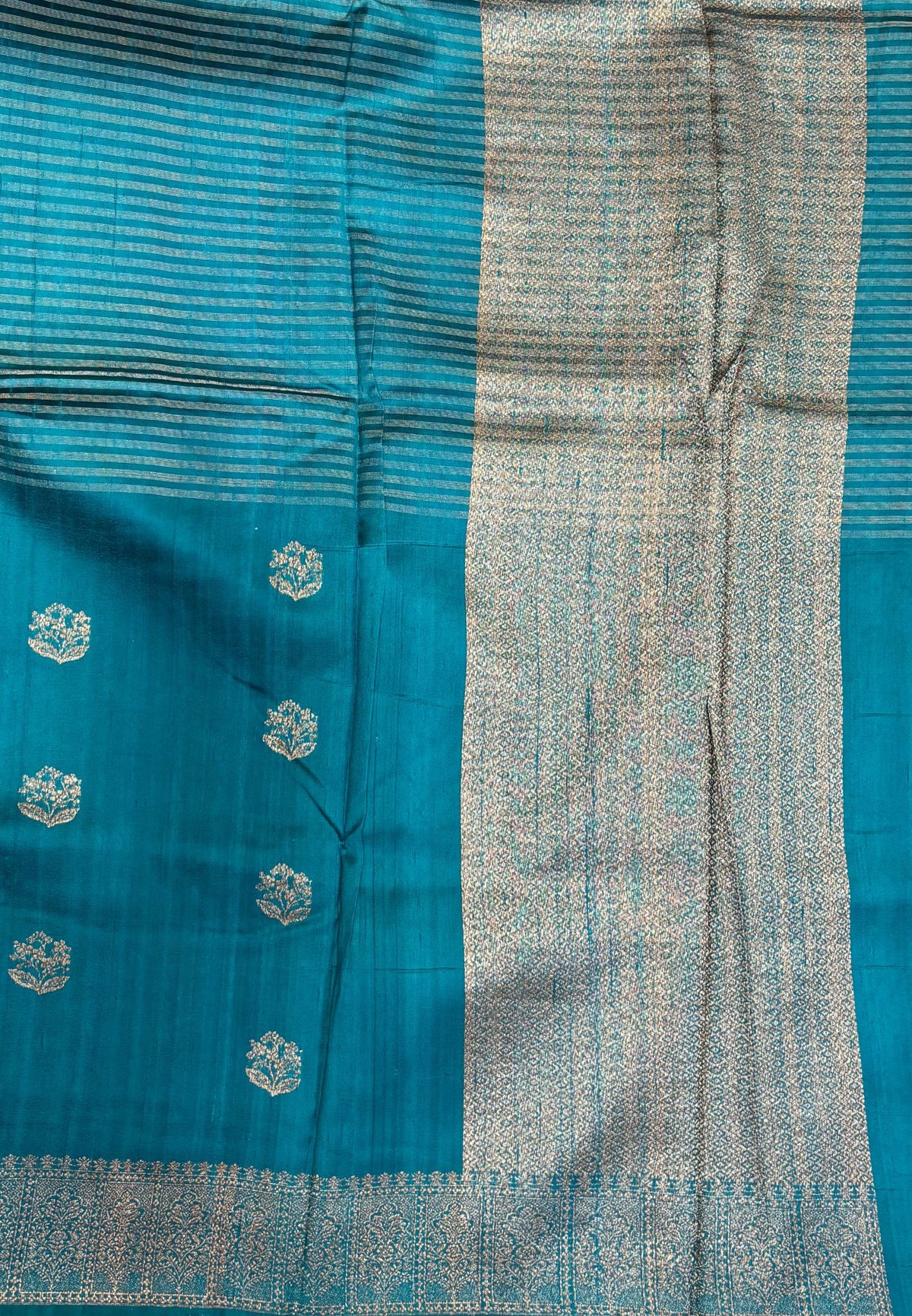 Pure Handloom Tussar Saree-Peacock Green in Intricate Floral Zari Border