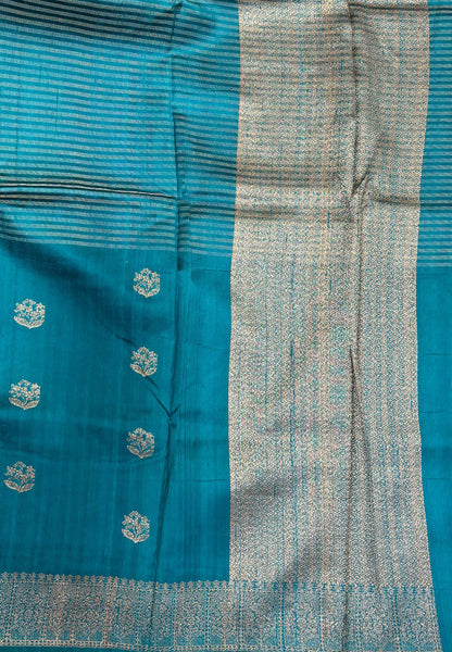 Pure Handloom Tussar Saree-Peacock Green in Intricate Floral Zari Border