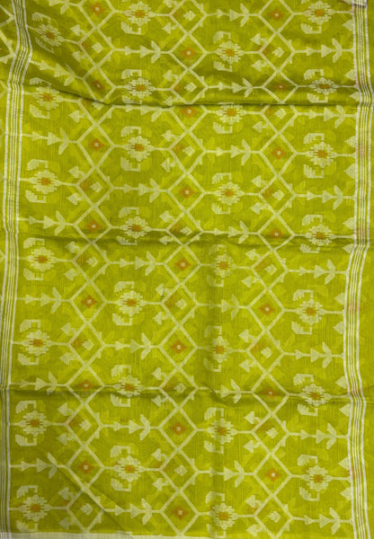 Handloom Cotton Saree-Flurcnt Green in Diamond Pattern Border