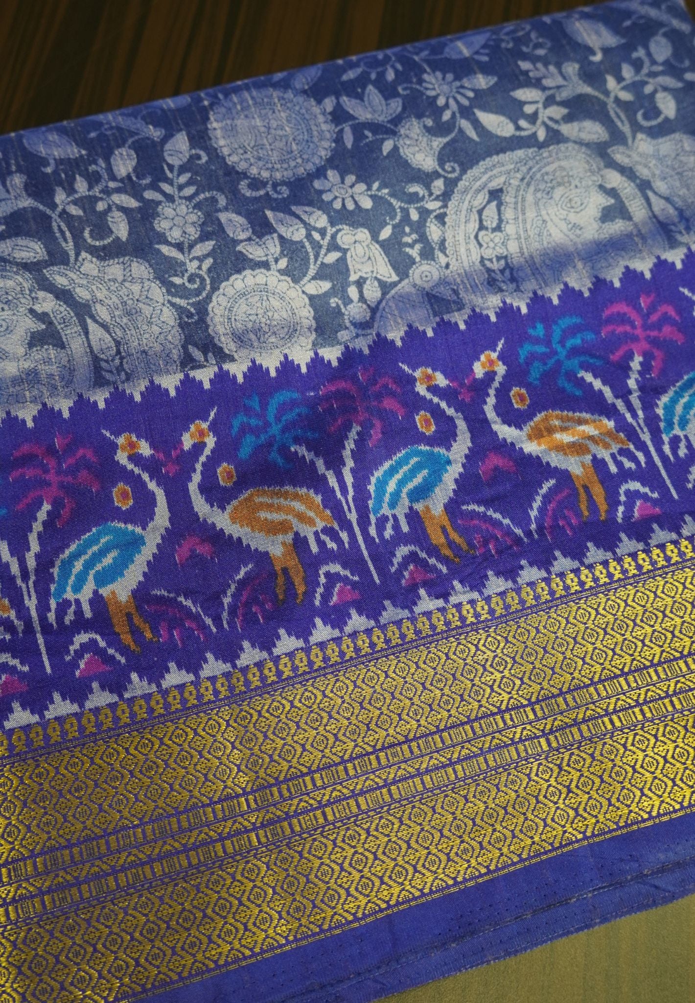 Semi Patola Saree Floral Pattern-Blue