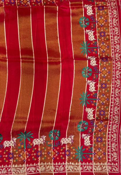 Satin Crepe Saree-Rani Pink In Komatha Floral Border