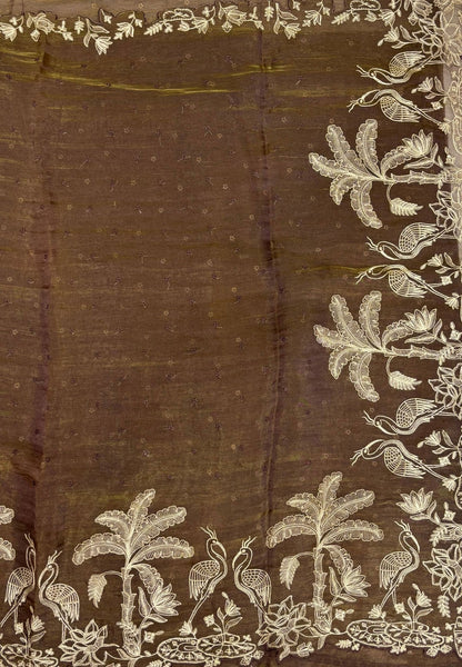 Tissue Organza Saree-Brown In Tropical Garden Border