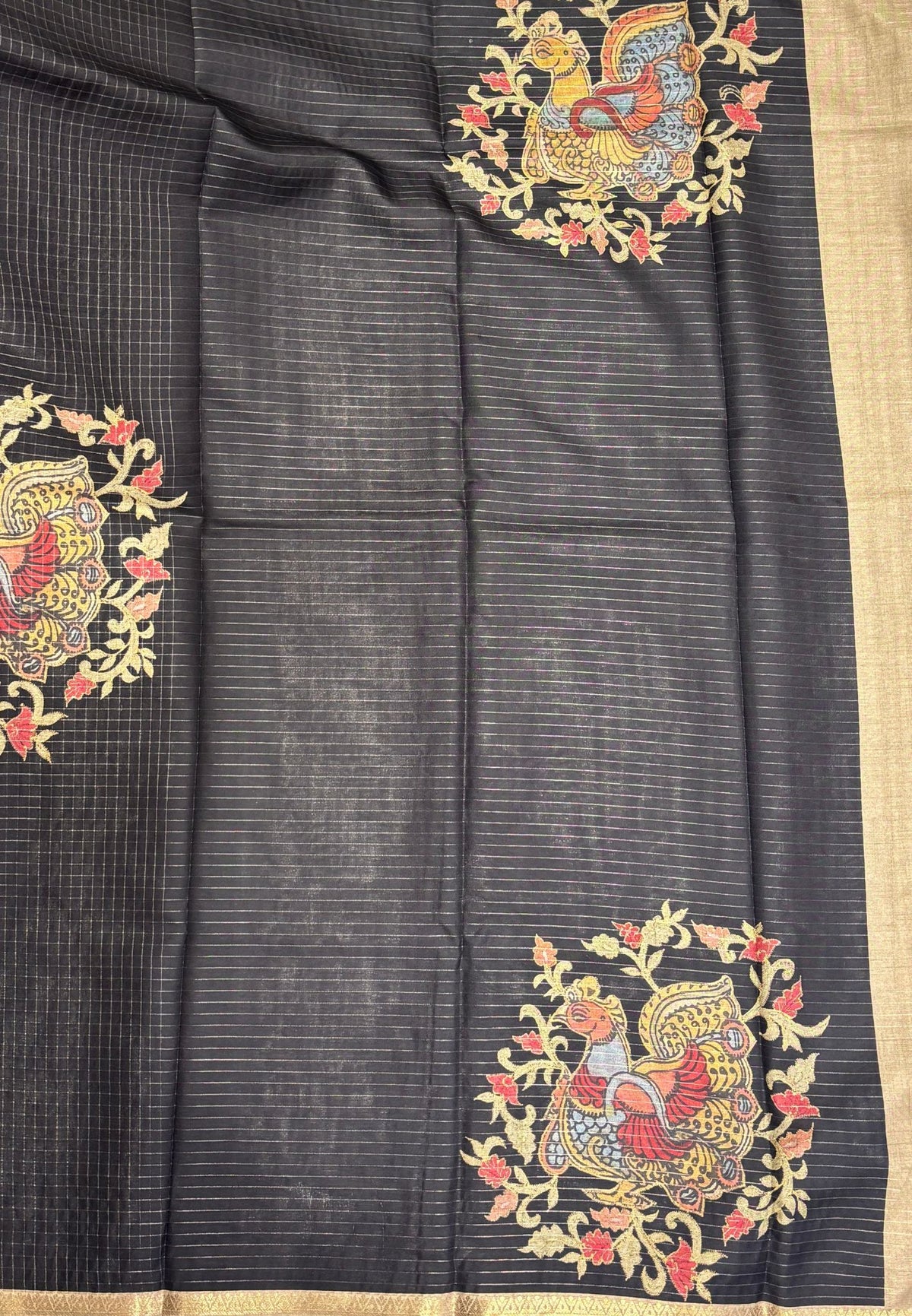 Soft Tussar Saree-Black In Kalamkari Peacock Border