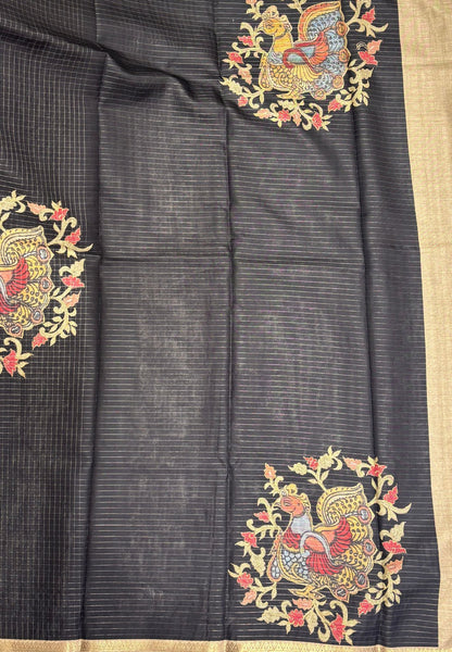 Soft Tussar Saree-Black In Kalamkari Peacock Border