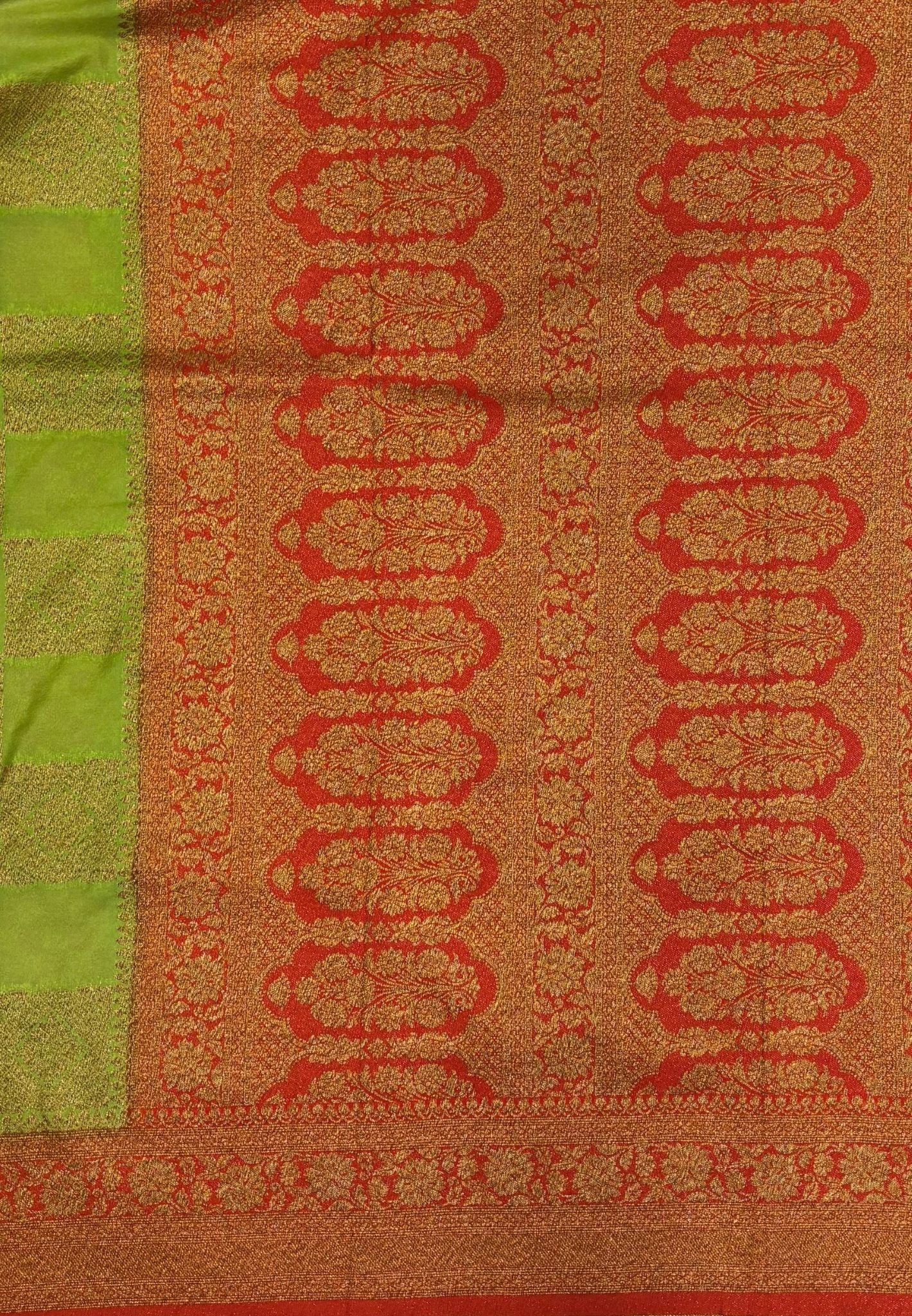 Banarasi Crepe Saree-Apple Green In Square Check Brocade With Contrast Border