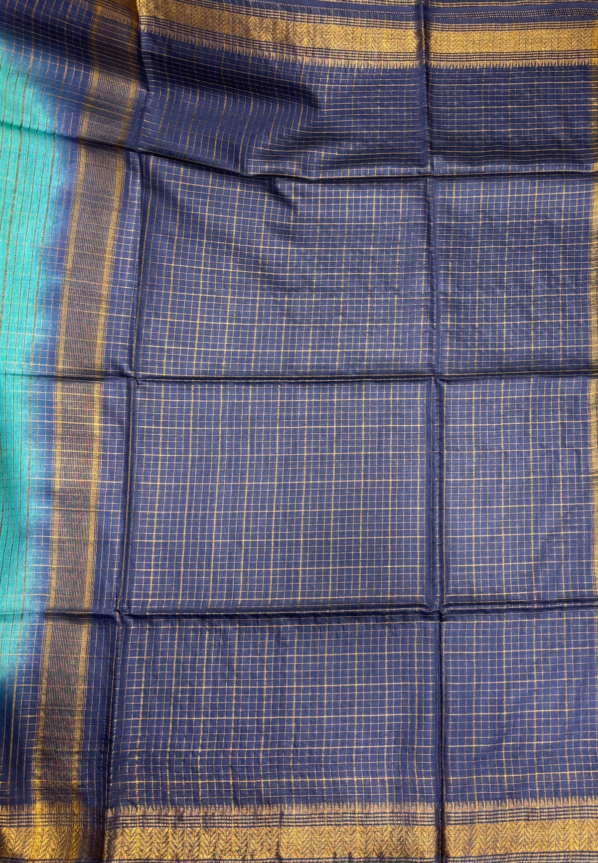 Semi Bhagalpur Tussar Saree-Teal Green in Zari checks with Contrast Border