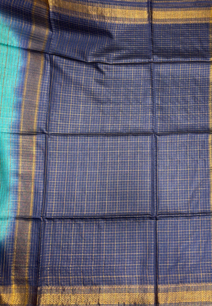 Semi Bhagalpur Tussar Saree-Teal Green in Zari checks with Contrast Border