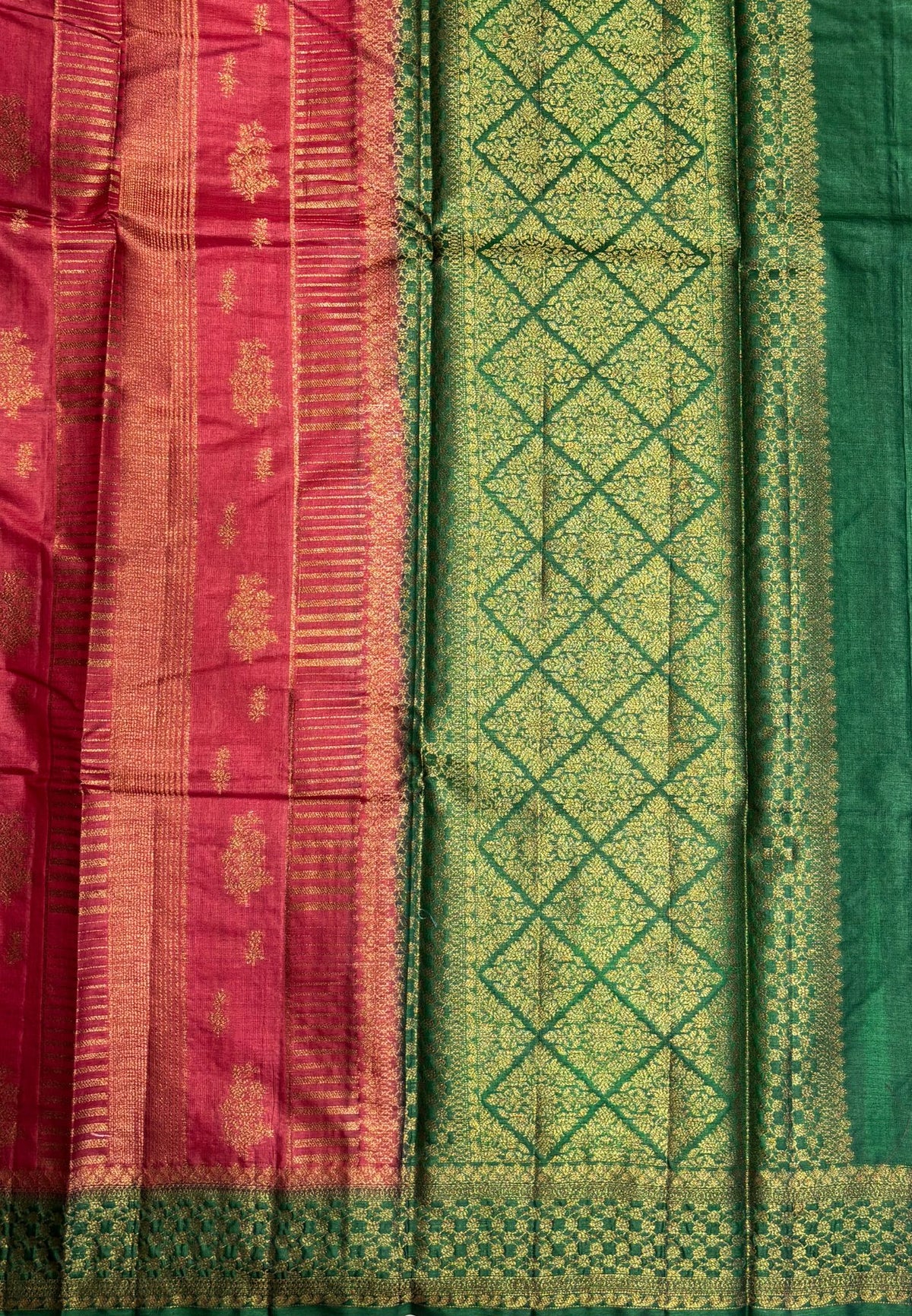 Pure Tussar Saree-Red In Geometric Diamond Zari With Contrast Border