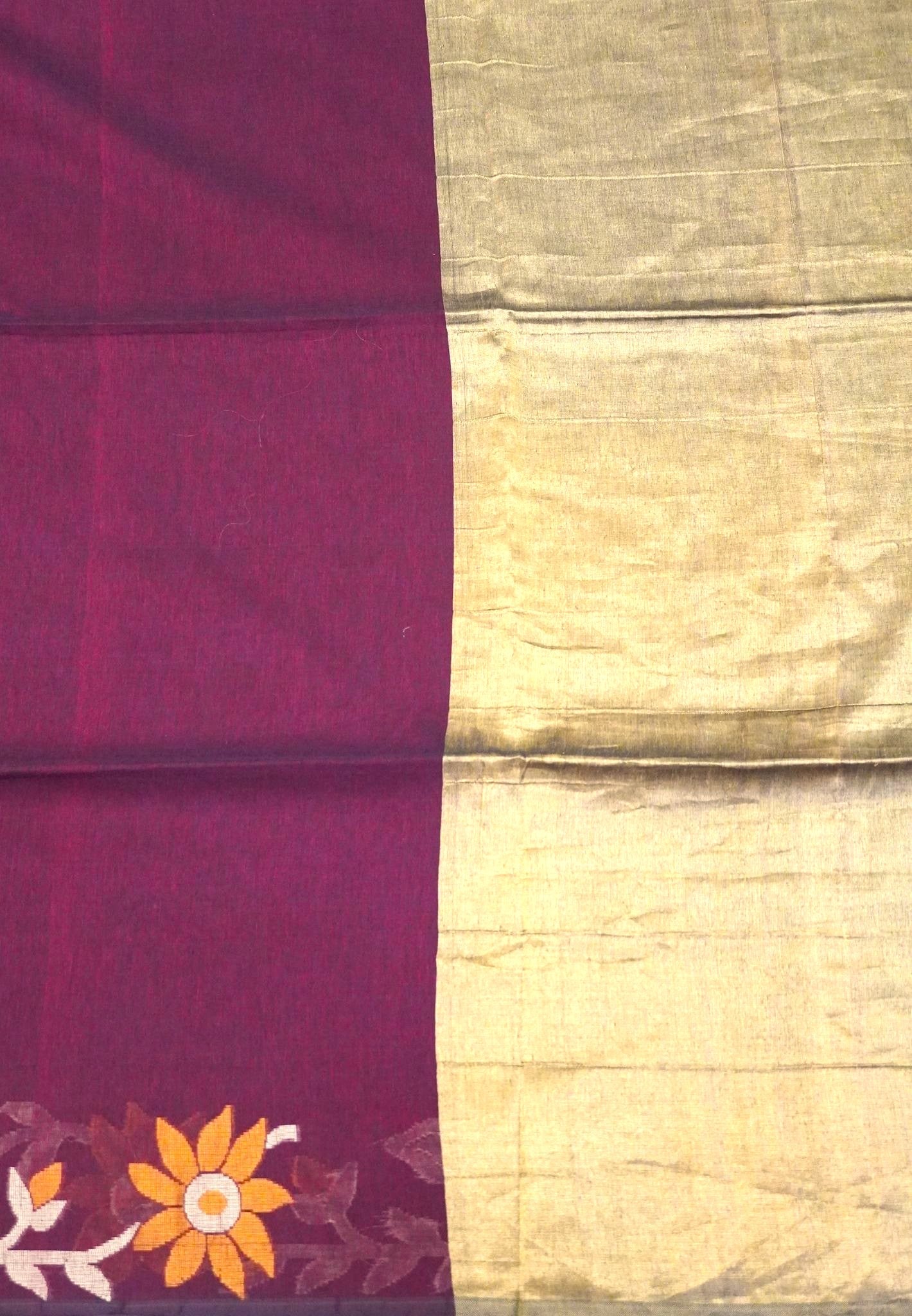Handloom Cotton Saree-Maroon Jamdhani Border