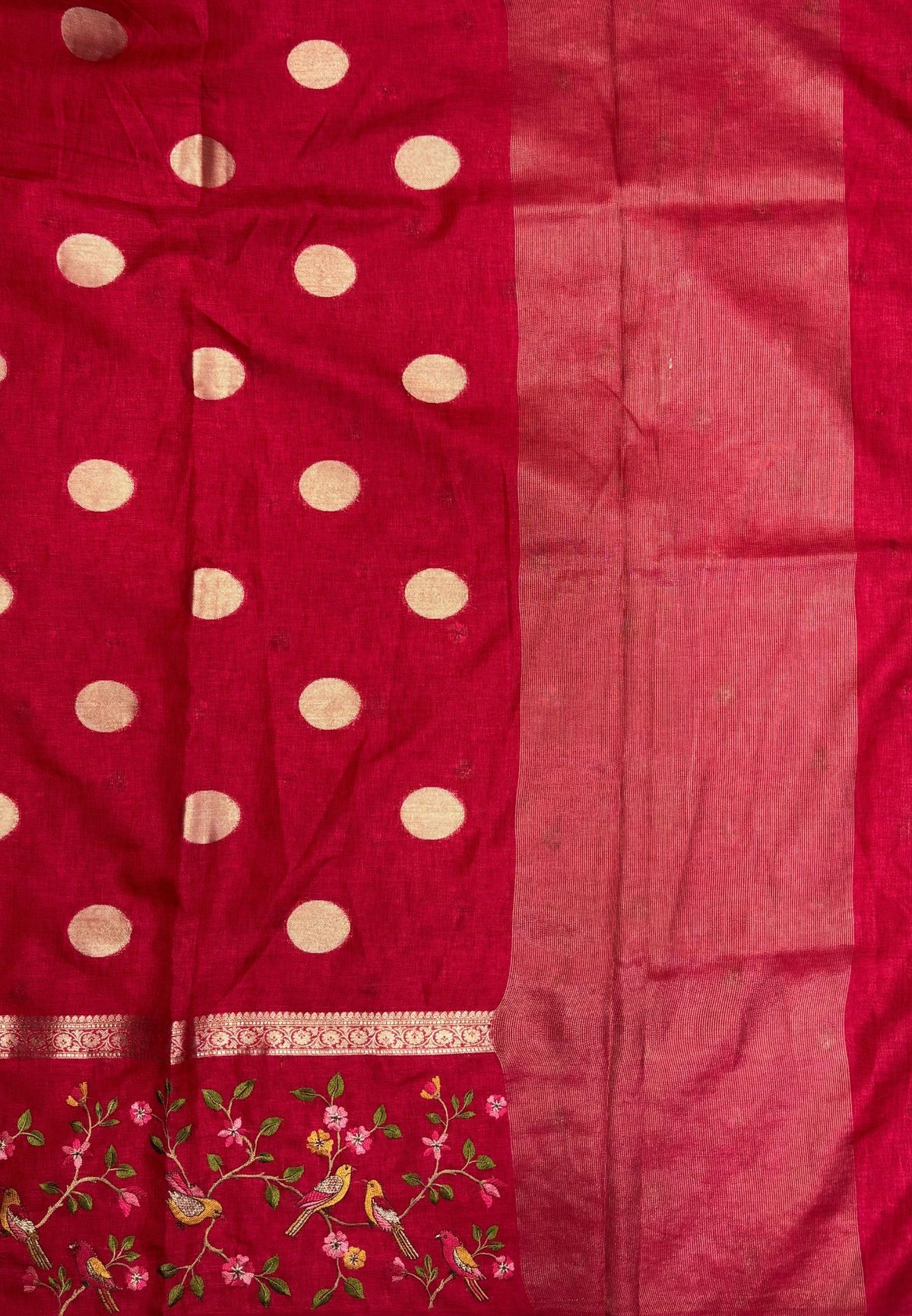 Tussar Saree-Redish Pink In Bird & Floral Border