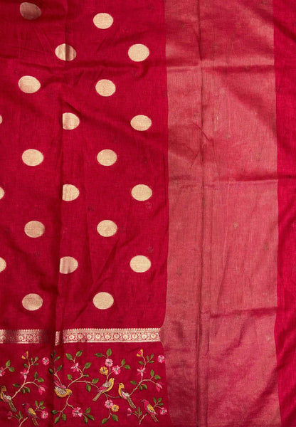 Tussar Saree-Redish Pink In Bird & Floral Border