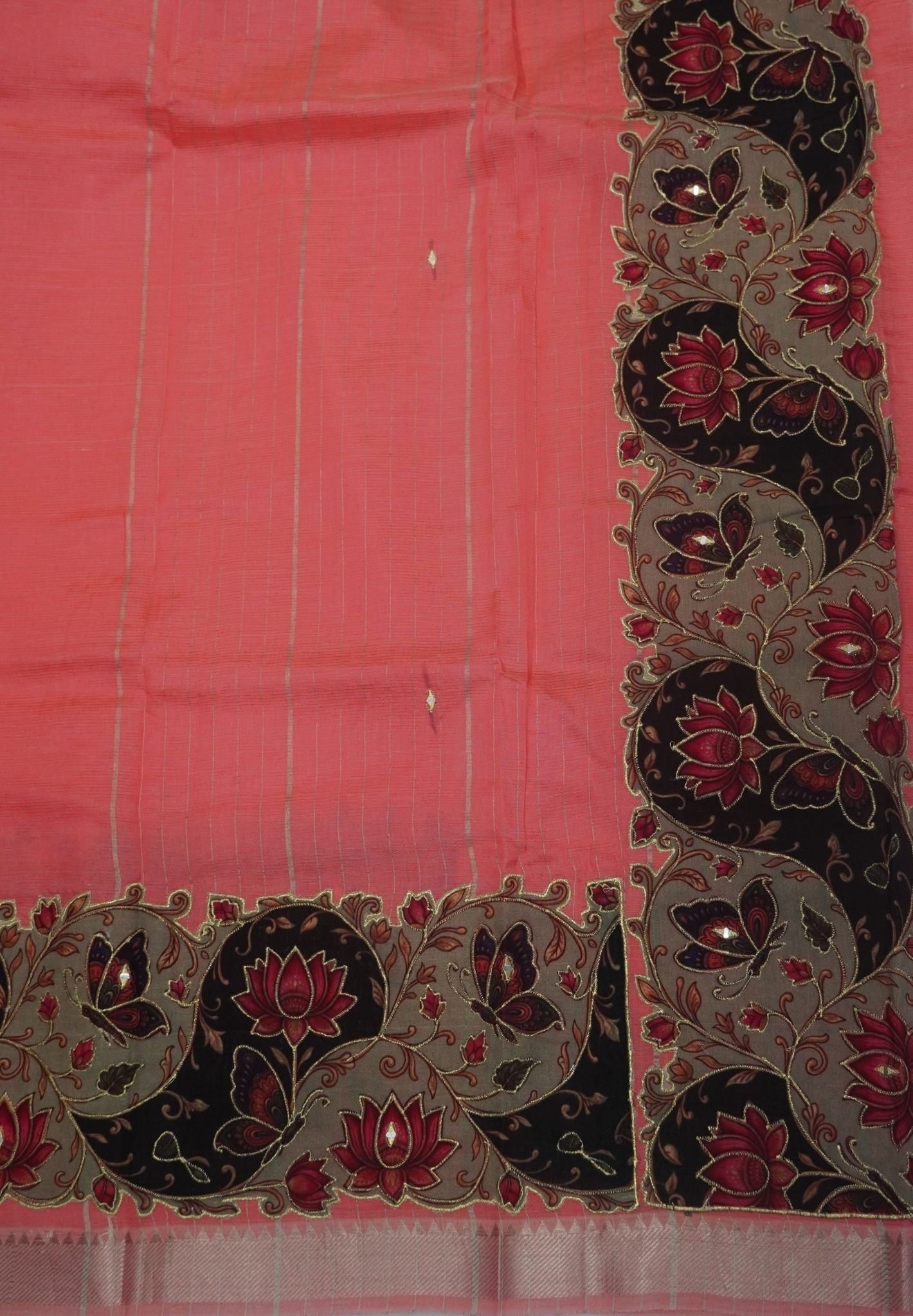 Pure Mangalgiri Silk Saree-Peach in Tanjore Print with Aplique Work