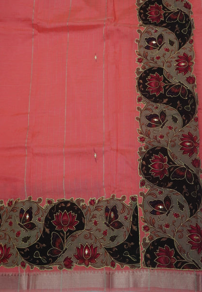 Pure Mangalgiri Silk Saree-Peach in Tanjore Print with Aplique Work